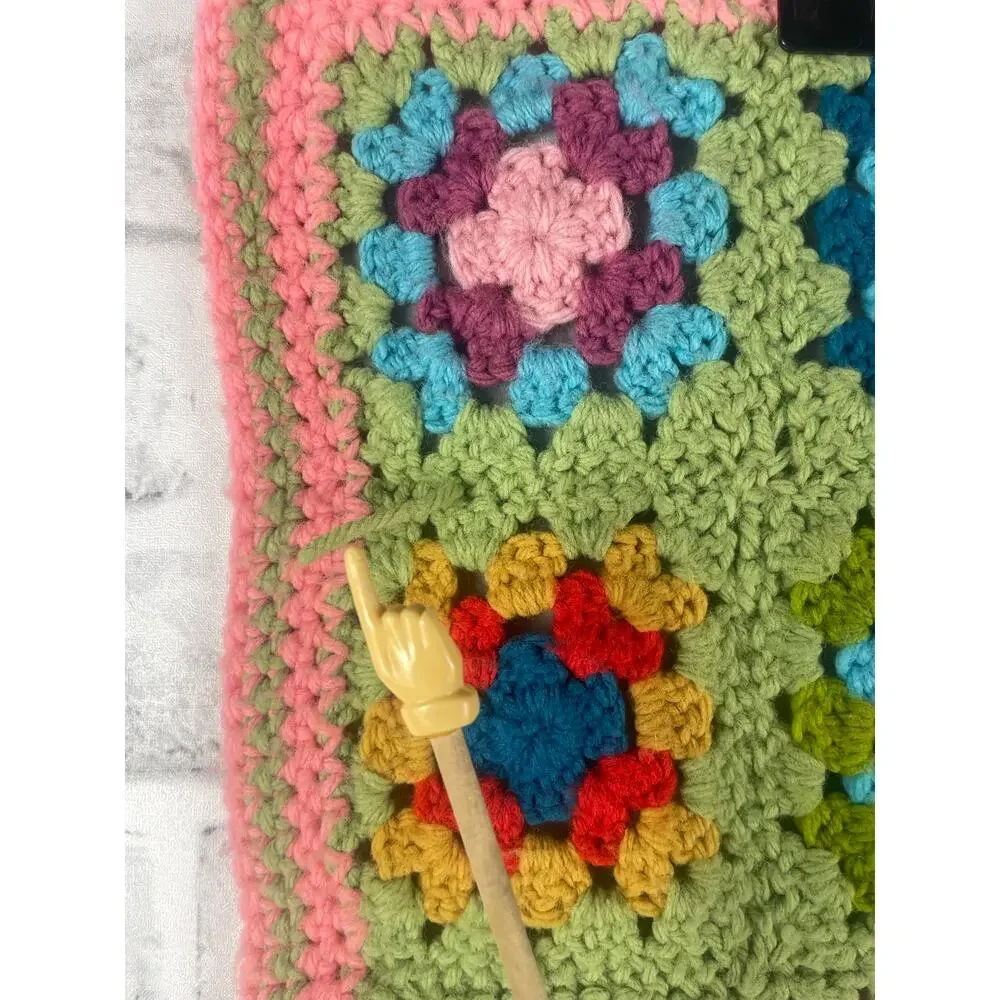 Vintage Crochet Granny Square Doll Blanket Pink Green Stroller Afghan 22x26